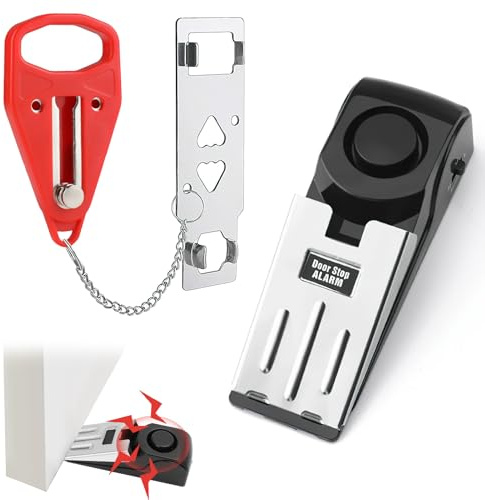 Portable Door Lock & Door Stop Alarm Set 120dB Loud Alarm, Chrome-Plated Steel, Adjustable Sensitivity Dual Travel Door Lock for Hotel Room, Apartment, Office, Home Safety, Temporary Security