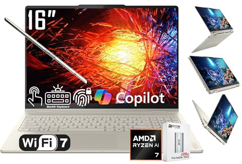 Lenovo Yoga 7 2-in-1 AI PC Copilot+ Laptop, Touchscreen LCD 2K da 16 pollici, AMD 8-Core Ryzen AI 7 350, 16 GB LPDDR5X, SSD 1TB, WiFi 7, KB retroilluminato, impronte digitali, webcam 1080P, W/128 PSD