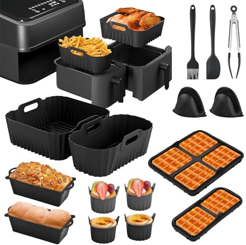 Focenat Airfryer Zubehör für Philips Airfryer Dual Basket 3000 Series NA350/NA550 (6L/3L), 15-teilig Heißluftfritteuse Zubehör Einschließlich Silikonform, Waffeleinsatz, Brotbackformen, ei Former