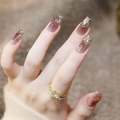 Auriselle 24 pezzi 12 misure Set di unghie finte Unghie finte a forma di bara con sfumatura glitterata e strass adesive lunghe artificiali Per feste tutti i giorni, per donne, rosa