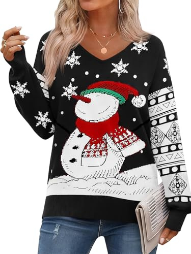 Saodimallsu Jersey navideño para mujer con diseño de muñeco de nieve, de manga larga, con cuello en V, de punto, cálido, para invierno y Navidad, Negro , M