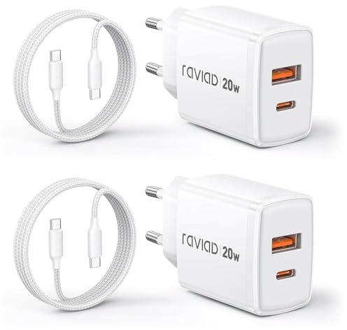 RAVIAD 20W USB C Ladegerät 2Pack, 2Port Schnellladegerät mit 60W Kabel 3M | Mehrfach Netzteil USB C+USB A mit Langes Schnellladekabel USBC auf USBC für iPhone 17 16 15 Pro Max, Pad, Macbook, Galaxy S26