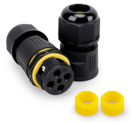 Innfeeltech 1 Pcs Waterproof Junction Box Outdoor Cable Connector, M20 Cable Coupler Screw Crimping, 4 Pole for 5 to 8mm Cable, with 2 Pcs Replaceable Wire Clamp Rubber Plug
