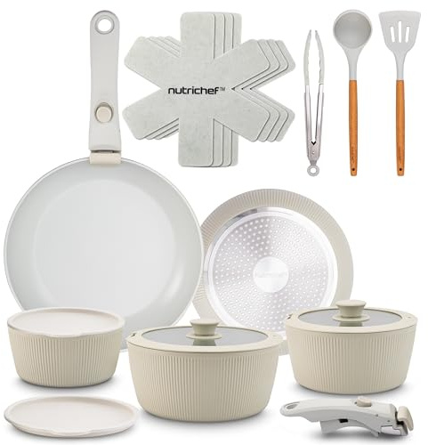 NutriChef bateria cocina mango extraible, Ceramica, 18 piezas, Juego de ollas y sartenes, Antiadherentes, Sin PTFE, Ahorra espacio, Apto para horno y estufa, Incluye utensilios