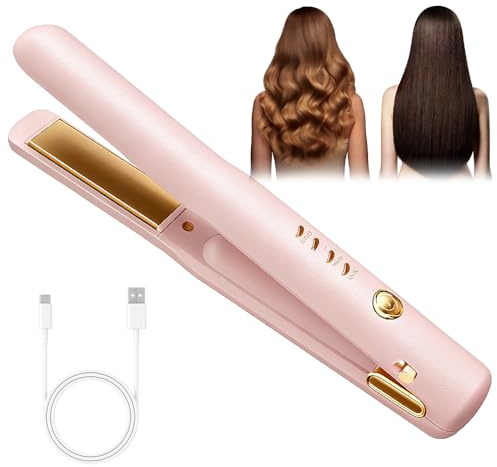 Hair Straighteners, 2 in 1 Hair Straightner and Curler with 4 Temp Settings, USB Rechargeable Flat Iron, Fast Heating, Travel straighteners Cordless for Short to Long Hair (Pink)