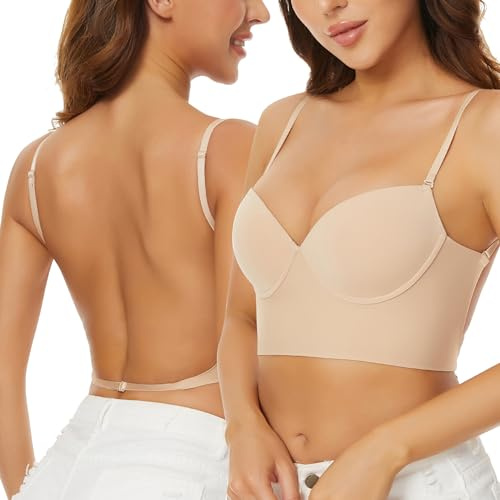 Low Back Bras for Women-Seamless Invisible Backless Bra-Lightly Lined Demi Multiway Bra No Show Low Cut Halter Bras (Nude, 34DD)