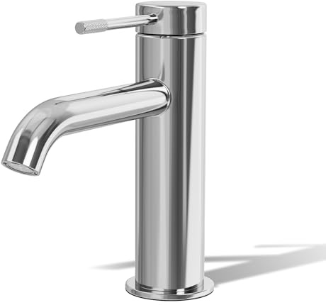 Alphabath Robinet Lavabo Salle de Bain Moderne, Robinet Monocommande avec Cartouche en Céramique, Mitigeur Lavabo pour Toilettes WC Invités, G 3/8 Robinetterie, Laiton Chromé, avec Bec Hauteur 86 mm