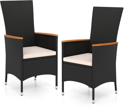 COSTWAY Gartenstühle Hochlehner 2er Set, Rattan Gartensessel, Terrassenstühle mit Sitzkissen, wetterfeste Balkonstühle bis 180 kg belastbar, für Garten, Balkon & Terrasse (Beige)