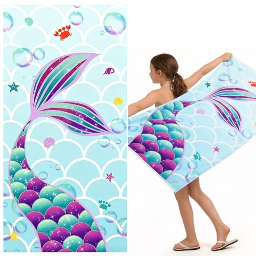 Meerjungfrau Strandtuch für Kinder, 76 X 150 cm Sandfrei Handtücher Für Mädchen, Kinder Schnell Trocknend Badetuch,Ultra Saugfähig Superweich Stranddecke Pool Reisen Schwimmen Badetuch (Meerjungfrau)