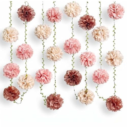 4PCS Papier Pompoms Deko Pink TREABEAR, Pompons Deko Gartenparty, Seidenpapier Pompons mit Grüne Kunstranken 200cm, Papierblumen Blumendekoration für Dekoration Geburtstag Party Heiratsantrag Hochzei