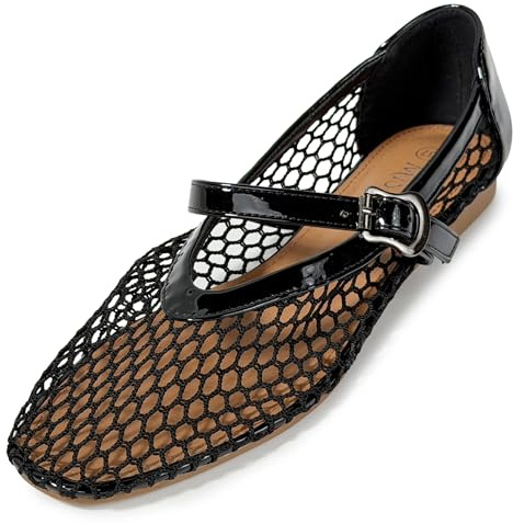 MISSCAI Bailarinas Mujer Verano Mary Jane de Malla Zapatos Planos Elegantes con Correa y Hebilla Punta Cerrada Merceditas Transpirables para Oficina Fiesta y Casual Negro 36