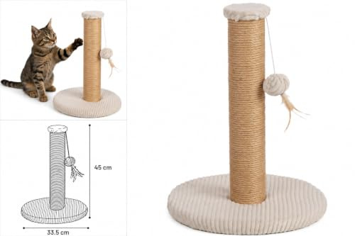 Tiragraffi per gatti - Albero tiragraffi Riba bianco - Corda in juta - Base imbottita - Gioco con piume - 33,5 x 33,5 x 45 cm