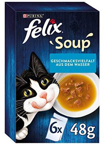 Felix Katzennassfutter Soup Geschmacksvielfalt aus dem Wasser mit Kabeljau, Thunfisch, Scholl, 8er Pack (6 x 48 g) Portionsbeutel