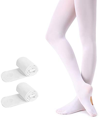 Soudittur Kinder Ballett Strumpfhose Convertible Tanz-Strumpfhosen mit Fersenloch 90D für Mädchen und Damen Weiß(2 Paar), Gr.- S (110-125 cm)