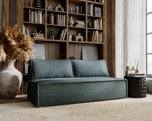 Kaiser Möbel - Sofa mit Schlaffunktion und Bettkasten, Sofa 2-sitzer, Schlafsofa mit Bettzeugbehälter, Klappsofa, Bettsofa, Bequemes Couch für Wohnzimmer, Schlafzimmer und Jugendzimmer, Duo, Azurblau