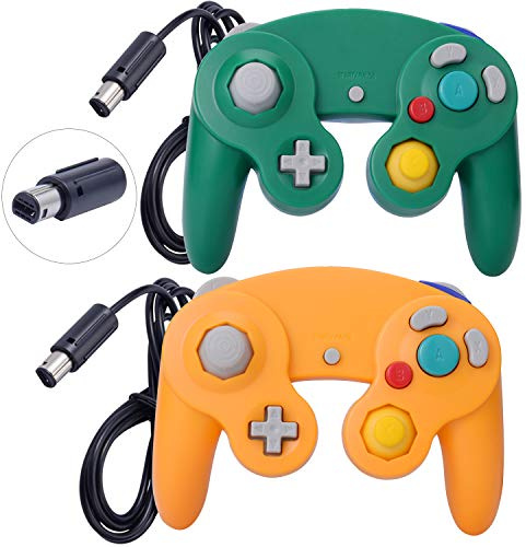 ONE250 Lot de 2 manettes filaires Classic Shock Joypad, compatibles avec Wii NGC Gamecube Game Cube (vert et jaune)