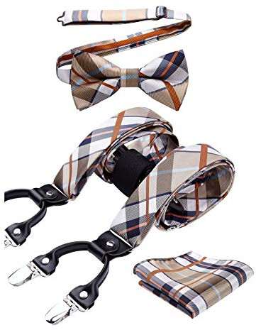 HISDERN Bretelle Uomo Eleganti Beige Plaid Regolabile 6 Clips di e Forma a Y Elastica Bretelle Papillon e Fazzoletto da Taschino Set da Uomo