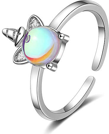 Qiamni Bague d'humeur en argent 925 avec pierre de lune et licorne pour femme et enfant Taille réglable, Argent sterling, Pierre de lune