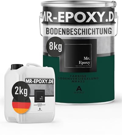 Mr. Epoxy Epoxidharz Bodenbeschichtung (10 kg, RAL 6005 Moosgrün) - 2K Betonfarbe für Garagen, Keller & Werkstatt Boden - Flüssigkunststoff Epoxid Grundierung und Bodenversiegelung