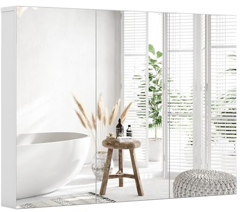 COSTWAY Bathroom Mirror Cabinet, Wall Mounted Storage Cupboard with Shelf, Home Kitchen Living Room Display Organiser Unit (Triple Door, White)