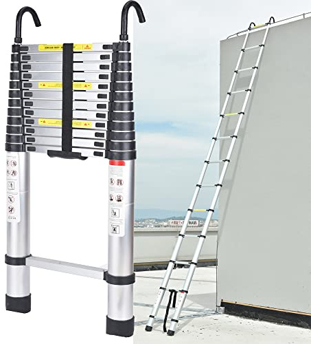 6.2M Échelle Télescopique avec 2 Crochets Amovibles Portable Échelle Pliant en Aluminium Telescopic Ladder EN131 pour Attic/Grenier 150kg Charge (Couleur d'origine Argent)