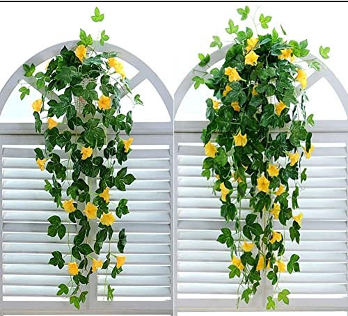 HXSCOO 2 stücke Künstliche Reben Künstliche Morning Glory Trompete Blume Rebe Gefälschte Grünpflanze Hausgarten Wandzaun Outdoor Hochzeit Hängekörbe Dekor