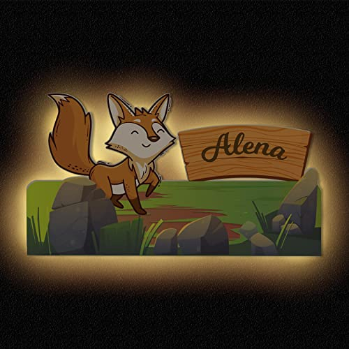 Fuchs Wand Deko mit Namen personalisiert I Dekoration Zimmer Geschenke für Mädchen & Jungen zur Geburt Taufe I LED Nachtlicht Lampe