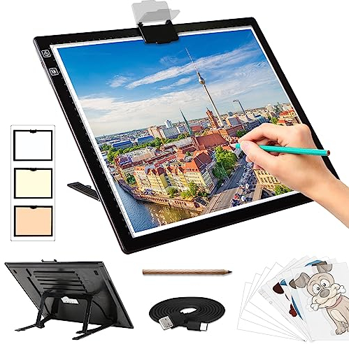 Diamond Painting Leuchttisch A3 - Tragbares Batteriebetriebene Light Pad, Wiederaufladbare Leuchtplatte mit Ständer, 3 Farben 6 Helligkeitsstufen LED Lichtpad für Diamond Painting Zubehör Abpausen