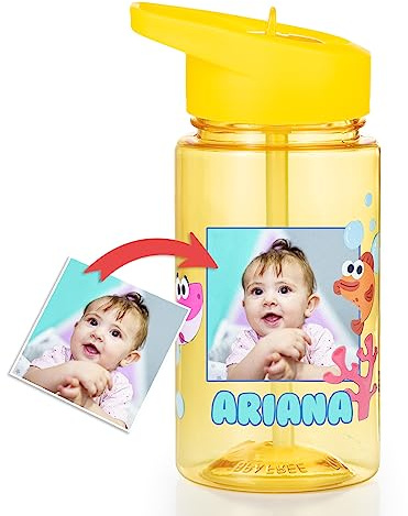 Wanapix | Botella Infantil Personalizada| Botella de Agua para Niños | Con Pajita y Asa Transporte | Colegio/Guardería | Plástico Libre BPA | 440 ml | Azul - Shark