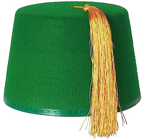 Fez Hut grün Kostümzubehör Kappe grün mit goldener Quaste, Unisex, Filzhut für Herren und Damen, 12 Stück