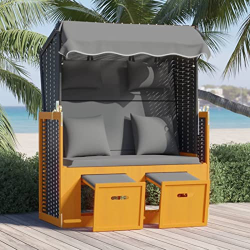 ZEYUAN Strandkorb mit Kissen, Strandkörbe, Roofed Beach Chairs, Strandkorb Für Draußen, Poly Rattan Massivholz Schwarz Anthrazit
