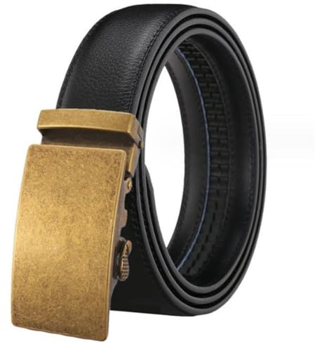 Yorggvel Men's Vintage Genuine Leather Belt, Retro Leisure Belt, Ratchet Alloy Gold Automatic Buckle, Width 3.5 cm, Multicoloured, black, Länge 125cm