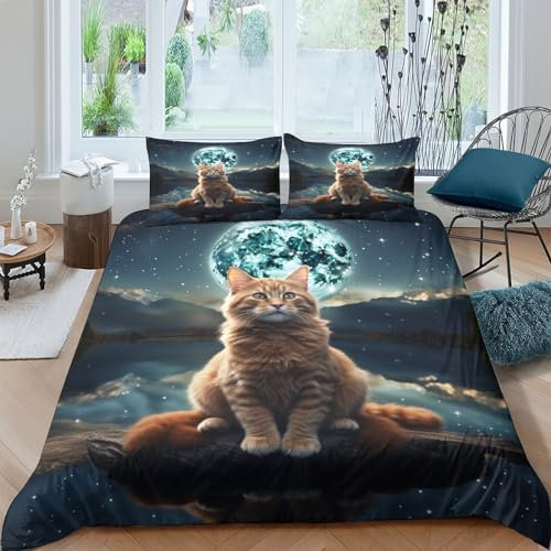HOUKIG Gattino della Luna Copripiumino Da in 3 Pezzi Con Chiusura Lampo Set di alto livello Di Biancheria Da Letto Stampati in 3D E Federe Cerniera Microfibra Per Adulti E Bambini King（220x240cm）
