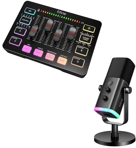 FIFINE XLR Streaming Mikrofon und Gaming Audio Mixer, USB Dynamisch Microphone PC für Podcast Studio, RGB PC Mischpult für Gamer Creators Live YouTube（AM8 + SC3）