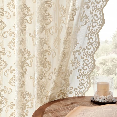 FOLKSIDE Beige Lace Curtains 72 Inch Length 2 Panels Set Victorian Floral Sheer Curtains for Living Room Bedroom Rod Pocket Light Filtering Paisley Crochet Curtains French Window Drapes, 52x72