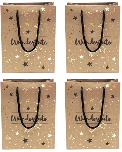 4 Stück Premium Geschenktaschen - Wundertüte - naturbraun Sterne á 23x18x10 cm Papier Geschenktüte Papiertüte Weihnachten