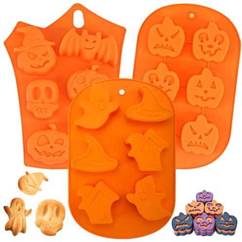 Halloween Kürbis Silikon Backform, Herbst Kürbis Backform, Halloween Pumpkin Silicone Baking Mould, Kürb/is Fledermaus Schädel Geisterform Silikonform, für Küche DIY Backen(3 Stück)