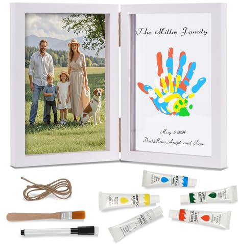 Nabance Handabdruck set Familie für 4, Bastel Bilderrahmen aus Holz Handabdruck Fotorahmen Set Pfotenabdruck set Hund Fingerfarben Ungiftig Muttertagsgeschenk Vatertagsgeschenk