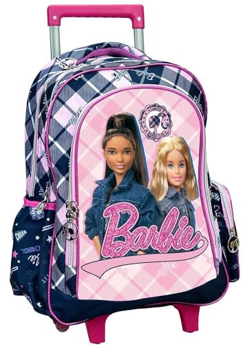 PRESTIGE & DELUXE Trolley Sac à dos scolaire avec roues compatible avec Barbie Rose + set d'écriture 7 pièces, multicolore, standard, Trolley