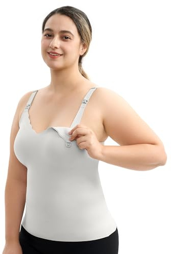 Momcozy Nursing Tank Tops for Breastfeeding, Seamless Nursing Cami with Built-in Bra, Adjustable Straps, Scalloped Design Light Grey