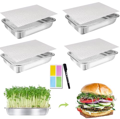 TCYPUHL Sprossen-Anzuchtset aus Edelstahl, 4-stöckig, 26,4 cm, Microgreens Anzuchtset, Samen-Keimschale mit verschlüsselten Netzsprossen für Bohnen, Alfalfa, Brokkoli, Weizengras