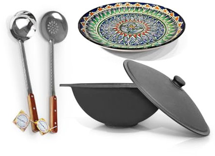 ZARENHOFF Set – Kazan de hierro fundido uzbeko de 10 l, base plana, tapa, espumadera de 48 cm, cucharón de 48 cm, lagan Ø 32 cm (set 595)