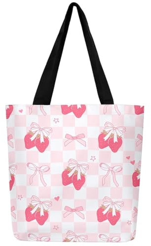Loussiesd Rosa Bogenknoten Leinwand Einkaufstasche Nette Erdbeere Tragetasche Träumende Prinzessin Stil Regelmäßige Plaid Mädchenhaft Geometrische Stofftasche für Kawaii Bogen Handtasche