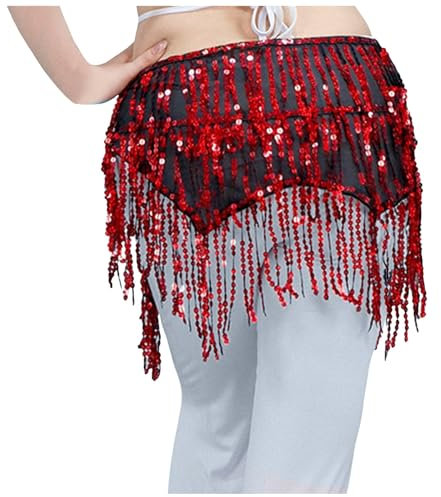 Bauchtanz Hüfttuch Damen Bauchtanzgürtel Bauchtanz-Hüfttuch Chiffon Bauchtanz Professionelles Hüfttuch bauchtanz gürtel für Frauen Mädchen Yoga Bauchtanz Tuch Belly Dance Skirt (F-Red, One Size)