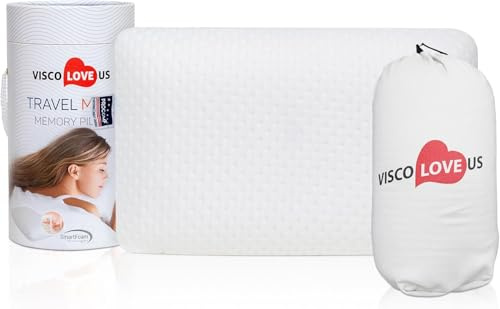 VISCO LOVE Travel & Camping Pillow - Comfortable Memory Foam Travel Small Pillow - Backpacking Pillow Easy to Carry Portable Bag Ideal for Airplane & Car Travel Pillows (White)