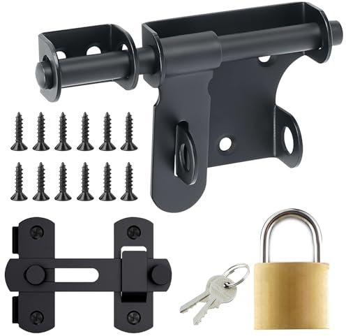 Verrou Porte Set, Loquet Porte, Serrure Porte en Acier Inoxydable Universelle des Deux Côtés, Noir Verrou avec Cadenas et Clés, Serrure Porte Coulissante pour Portes Interieure et Exterieur (Noir)