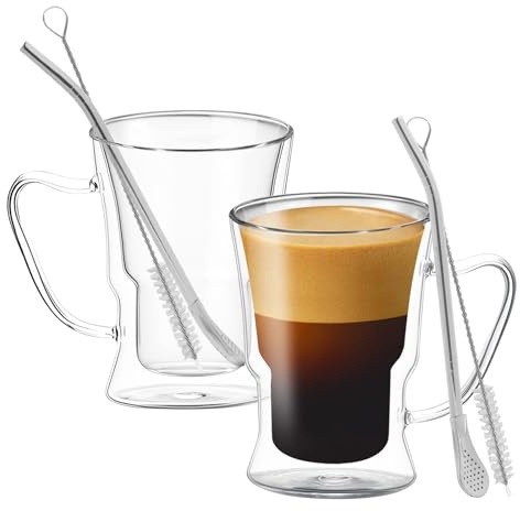 FOGAWA 2x350ml Double Walled Coffee Glasses Mugs Latte Glasses with Handle Cappuccino Cups Insulated Glass Cups Heat Resistant Iced Coffee Cup with Straws for Juice Tea Milk Beer Christmas Gifts