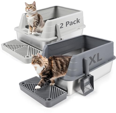 Bartuke Lettiera per gatti in acciaio inox con paletta, 2 confezioni di vaschetta per lettiere con lati alti, anti-schizzi, non appiccicosa, facile da pulire(Grigio scuro&Grigio chiaro)