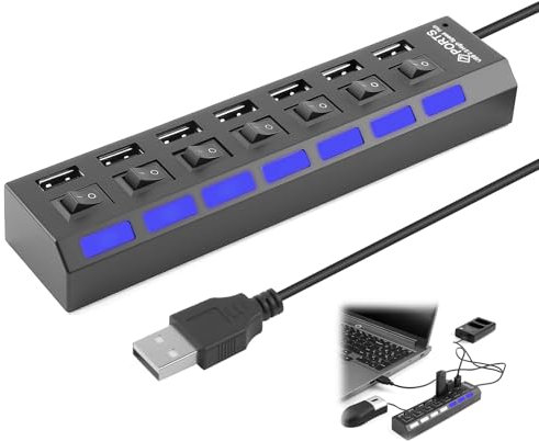 Hub USB 2.0 Alimentato, 7 Porte Sdoppiatore USB con Singoli Interruttori On/Off e Luci a LED per PC, Unità Flash, Mouse, Tastiera, Fotocamera, MP3, Trasmissione Dati e Altro
