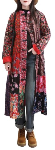LUZU JUNU Women's Trench Coat Floral Print Jacket Chinese Style Patchwork Outwear(A,XXL)